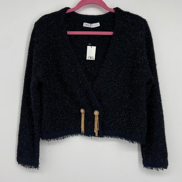 New Zara Black Metallic Tweed Wrap Cropped Cardigan W/gold Chain Button Large - Picture 4 of 15